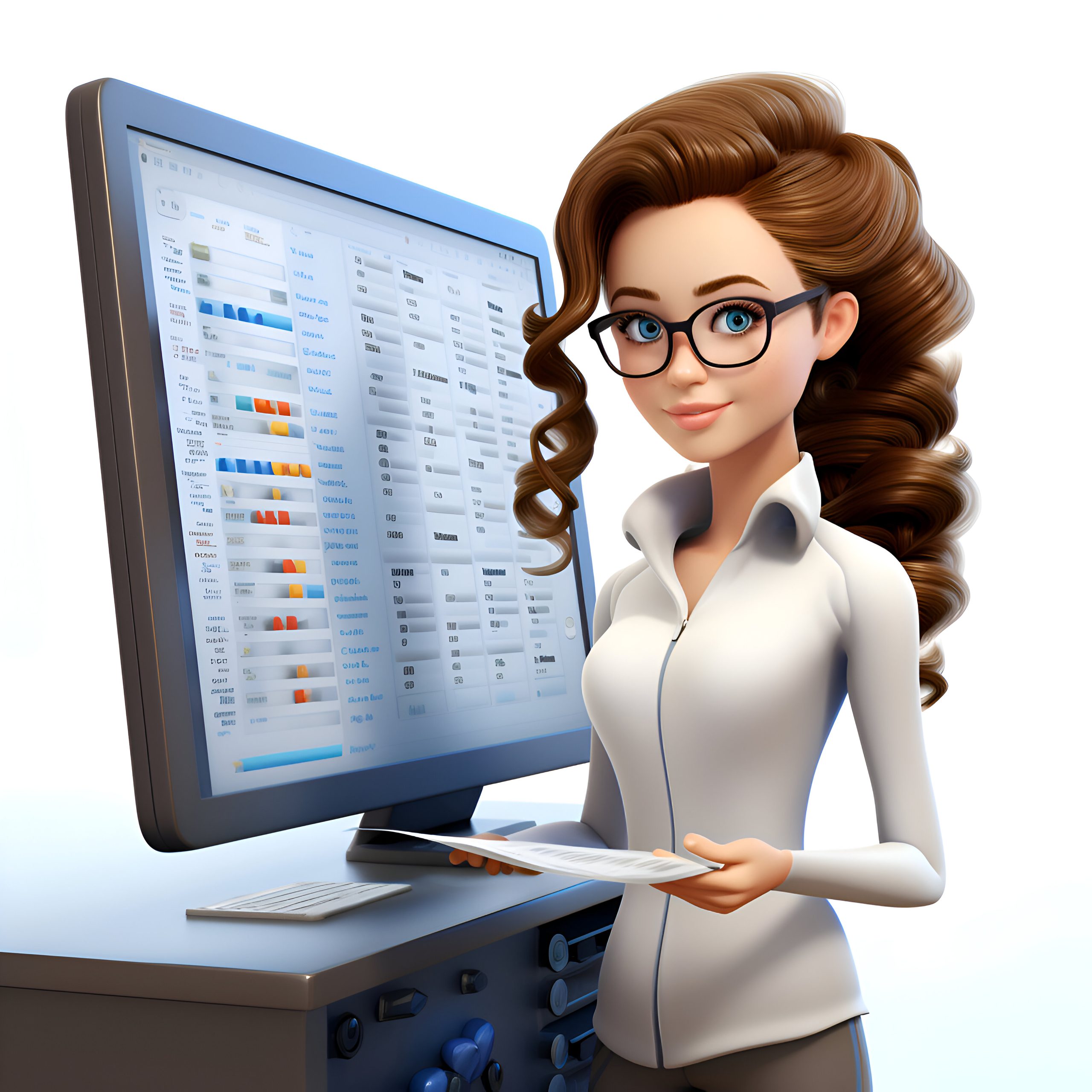 3D Render of Young Business Woman with computer and charts in office